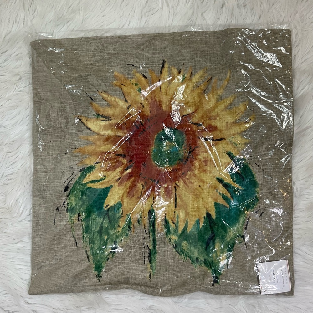 NEW Pottery Barn painted sunflower indoor/ outdoor square pillow case - Picture 2 of 7